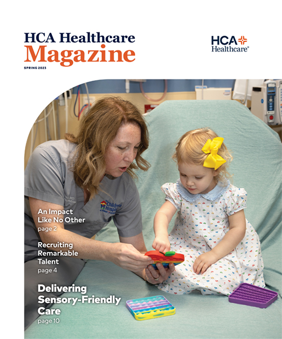Cover of Spring 2023 issue of HAC Healthcare Magazine. Photo shows Sheila McMorrow, MD, pediatric emergency medical director at The Children’s Hospital at TriStar Centennial Medical Center in Nashville, Tenn, cares for children of all ages and all stages of development.