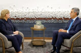 Photo of Deb Reiner, Senior Vice President of Marketing and Corporate Affairs, with HCA CEO, Sam Hazenfor in a sitting together for an interview.